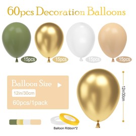 Balloons Green Gold, Balloons Sage Green 60 Pieces Green Balloons Set, Retro Green Gold White Metallic Latex Balloons for Birthday Baby Shower Wedding Tropical Safari Party Decoration
