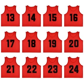 RE-HUO Set of 12 Numbered (13-24) Soccer Vests/Sport Pinnies/Training Bibs with Free Carry Bag(Red13-24,L)