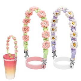 Set of 2 Water Bottle Straps, Drink Cup Holder, Portable Water Bottle Strap with Cute Flower Design (Daisy, Pink+Purple)