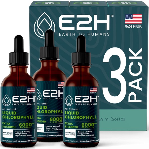 E2H Chlorophyll Liquid Drops - Natural Energy Booster, Immune System Support, Digestion and Skin Care Supplement - Vegan - Gluten Free - Non-GMO - (3 Bottles)