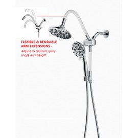 Ana Bath NEW Flexible Dual Shower Head with Handheld Combo with 5-ft Shower Hose - 6-Spray Settings, Brass Connectors, Pause/Water-Saving Function, Bendable Extension Arm (Chrome) - BSS116201CP