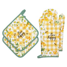 Arquiel Bee Daisy Oven Mitts and Pot Holders -100% Cotton, Heat Resistant Extra Long Oven Gloves & Hot Pads for Cooking BBQ Grilling Baking Gift, Set of 4