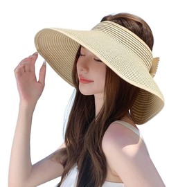 LAM GALLERY Straw Sun Hats for Women Wide Brim Ponytail Hat Summer Beach Visor Hat Foldable Packable Hats-Beige