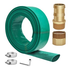 Temsteel 50FT Lay Flat Pool PVC Hose, 1.5" Discharged Sump Pump Hose Kit, 50FT Heavy Duty Drain Hose, Pool Backwash Hose 1.5 inch with 2PCS Metal Sump Pump Adapters(1.5" Barb and 1.25 Two-way Coupler)