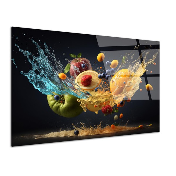 DECLINA, Cadre photo plexi, impression sur verre acrylique, tableau cuisine, Tableau plexiglass déco l'envol des fruits, 50x30 cm