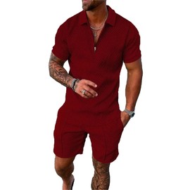 Kubsid Wine Red L Men Track Suits 2 Piece Set Summer Casual Outfits Fashion Polo Shirts Short Sleeve and Shorts Set Vacation Clothes