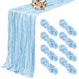 8 Pack Cheesecloth Table Runner 35 x 120 inch Long Boho Cheese Cloth Gauze Table Runners Semi Sheer 10FT Table Runner for Wedding Decor, Bridal Shower, Birthday Party, Table Decor (Light Blue)