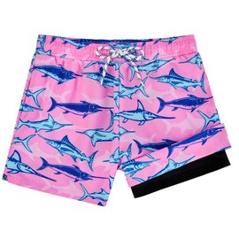 Century Star Boys Swim Trunks with Compression Liner Quick Dry Boys Bathing Suit Toddler Swim Trunks Beach Board Shorts Swimwear Pink Shark 7-8 Years