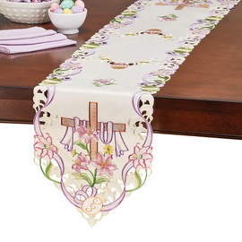 Collections Etc Embroidered Easter Cross Table Topper Cloth - Tabletop Linen with Lilies, Easter Eggs, & Purple Twining Ribbon Tablecloth
