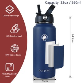 OcTecho Metal Water Bottle with Straw, 950ml Stainless Steel Water Bottle 2 Leakproof Lids, BPA Free Double Walled Vacuum Insulated Water Bottles Thermal for 12h Hot & 24h Cold,for Man,Woman-Navy