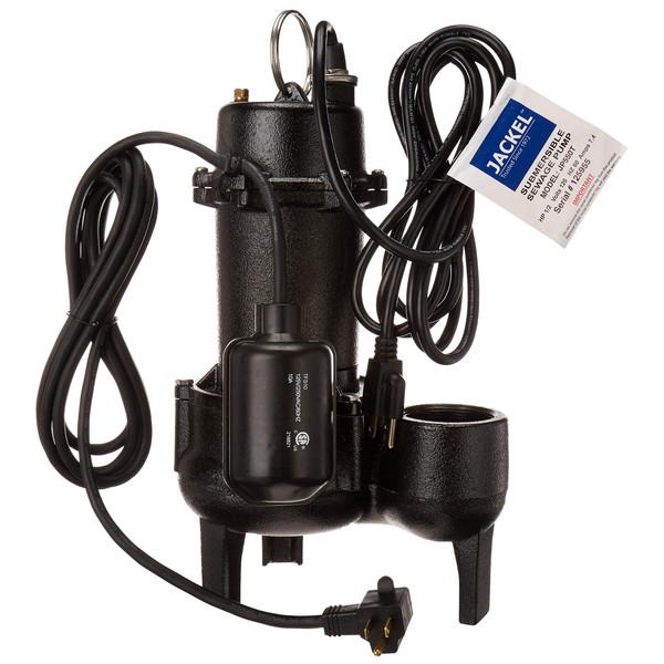 JACKEL 1/2 HP Cast Iron Submersible Sewage Pump - Tethered Switch - 10ft Piggyback Power Cord