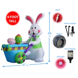 4 Foot Party Inflatable Bunny Pushing Cart with Eggs - Yard Blow Up Decoration