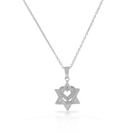 925 Sterling Silver White Clear CZ Jewish Star of David Love Heart Pendant Necklace