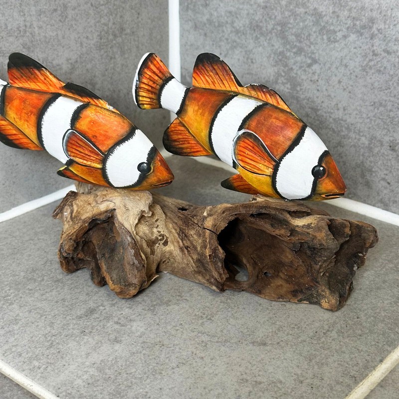 Clownfish On Driftwood Coral Reef Sculpture Rustic Tropical Sea Shoal