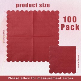 Ireer 100 Pcs Scalloped Napkins Thick Paper Napkins Disposable Cocktail Napkins for Party Wedding Bridal and Baby Shower Dinner Beverage Birthday Dessert Luncheon, 5 x 5 Inches (Burgundy)