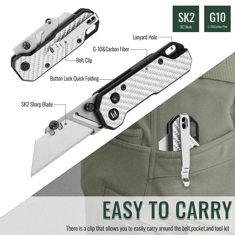 White Carbon fiber Folding Utility Knives, Button Lock, EDC Knife,Quick