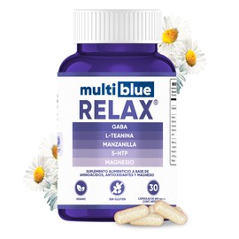 MultiBlue - RELAX | Fórmula de Glicinato de Magnesio, GABA, L-Teanina, Manzanilla y 5HTP | Con Magnesio Glicinato y Vitaminas | 30 Cápsulas - 1 diaria | Veganas, Sin Gluten, Libres de OMG y Naturales