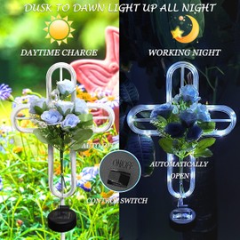 38 inch Cross Solar Light Outdoor Art Decoration - Metal and Blue Artificial Flower Craft Solar Light Stake- for Scenes Such as Garden Lawn Patio Patio Cemetery or Auditorium.