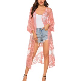 FaroDor Women's Flowy Bathing Suit Kimono Cardigan Lace Crochet Swimwear Floral Beach Cover Ups Pink