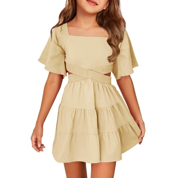 Batermoon Girls Summer Dress Square Neck Short Sleeve Crossover Waist
