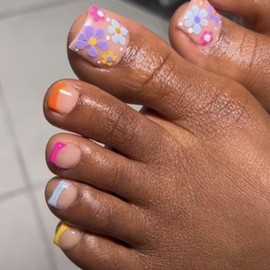 Square Press on Toenails Short Fake Toe Nails with Flower Designs Nude Toenail Press ons Colorful French Tip Toe Nail Press ons Summer Acrylic Toenails Artificial Stick on Toenails for Women 24Pcs