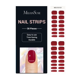 MelodySusie 30PCS Semi Cured Gel Nail Strips, Red, Gel Nail Stickers Work with Any Nail Lamps, Salon Quality, Long Lasting, Easy to Apply and Remove, Includes 2 Prep Pads, Nail File and Wooden Stick