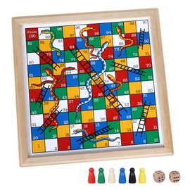 Gothink Wooden Snakes and Ladders Game - 13 Inch Educational Board Game for Children Ages 3 and Up & Adults - Classic Board Game Includes 6 Counters & 2 Dice, Rules