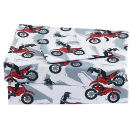 Viviland 3 Pieces Boys Grey Twin Sheet Set - Soft Microfiber Fitted Flat Sheets & Pillowcase - Red Motorcycle Print Bedding Sets - for Kids & Toddlers