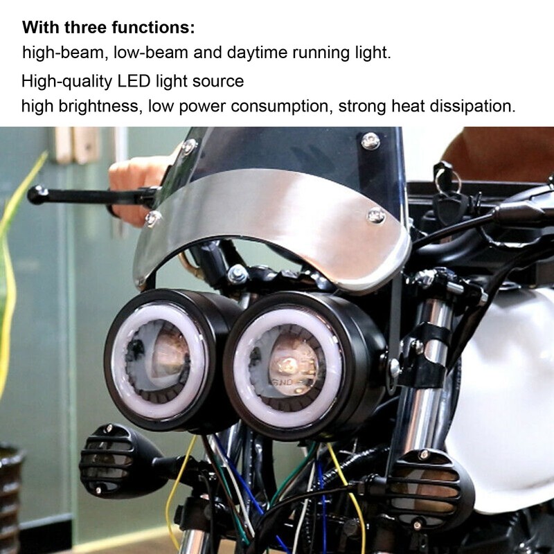 Universal LED Headlamp Double Lamps Round Angel Eyes High Low