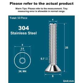 Drenky Pack of 50 M4 Screws Stainless Steel V2A Countersunk Head Screws DIN 7991 / ISO 10642 Threaded Screws Socket Screws Machine Screws M4 x 25 mm
