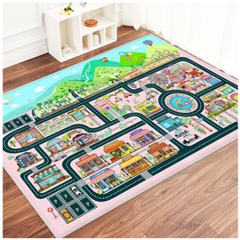 Fuzorise Kids Car Road Play Rug for Playroom, Rectangular Washable Non-Slip Kids Carpet for Girls Bedroom and Boys Bedroom,Indoor Kid Carpet Educational City Life Rug for Nursery Room Classroom.