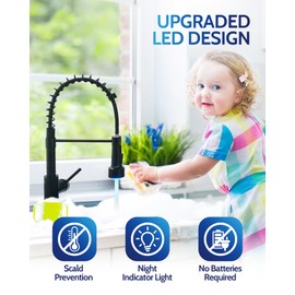 LUFEIDRA Black Kitchen Faucet with Sprayer LED Light, High Arc Kitchen Faucets Single Hole 304 Stainless Steel Kitchen Sink Faucet for Bar Sink Rv, Matte Black