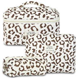 3Pcs Makeup Bag Cotton Quilted Travel Cosmetic Bag Cute Floral Makeup Pouch Large Toiletry Bag for Women Girls, Coffee leopard print