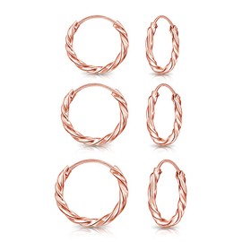 DTPsilver - 3 Pairs of Earrings - Small Round Twisted Hoop Earrings - 925 Sterling Silver, Yellow Gold Plated or Rose Gold Plated - Thickness 1.8 mm - Diameter 10, 12 and 14 mm, Sterling Silver