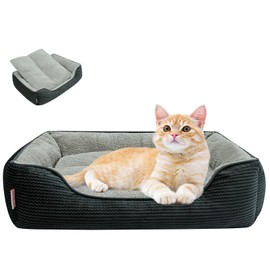 Miguel Washable Cat Beds for Indoor Cats with Removable Cushion/Pillow, Easy to Wash Small Dog Bed with Side, Large Rectangle Kitten Bed Cuddle Puppy Bed with Anti-Slip Bottom, Dark Gray 20 Inch