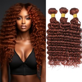 QEUOPE Reddish Brown Deep Wave Bundles Color 33 Human Hair Auburn Deep Curly Wet and Wavy Bundles Double Weft Brazilian Hair Extensions Silky and Soft for Women (20 20 20 inch 3 Bundles)