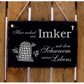 Beekeeper Sign with Slate, German Text "Hier wohnt ein Beekeeper mit dem Schwarm seines Leben" Slate Door Sign 22 x 16 cm Dekolando