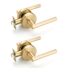 2 Pack Privacy Door Knobs, Satin Brass Door Handles Interior, Keyless Door Levers Gold, Bedroom/Bathroom Round Door Levers, Left/Right Reversible