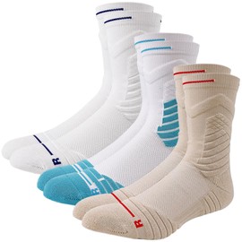 Dress Cici Half Crew Cushioned Basketball Socks, Polycotton Quarter Athletic Sock for Men (3 Pack: White+White with Blue+Khaki)