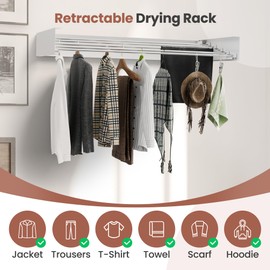 Foldable Wall Mounted Drying Rack 80lb Capacity, Clothes Drying Rack Wall Mounted with 10 Clothing Pins, Drying Rack Clothing Wall mounted, Aluminum Laundry Rack Wall Mounted for Towels, Linens & More