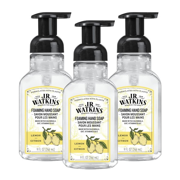 J.R. Watkins Foaming Hand Soap with Pump Dispenser, Moisturizing Foam Hand Wash, All Natural, Alcohol-Free, Cruelty-Free, USA Made, Lemon, 9 fl oz, 3 Pack