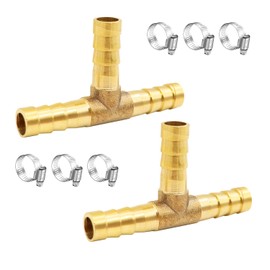 Tnuocke 2pcs 5/16" Brass Tee Barb Fittings,3 Way Union Intersection Fitting T Shape Barbed Splitter Fitting Splicer with Hose Clamps for Water Fuel Air H-058-5/16