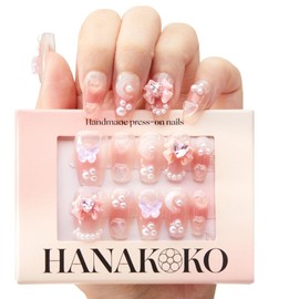 Hanakoko Handmade Press-On Nails, Floral Designs with Glitter and Pearls (Sapphire Serenity, M)