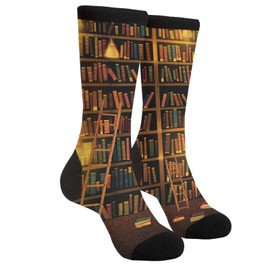 YISHOW Vintage Bookshelf Book Socks Men's Women's Crew Socks Funny Crazy Novelty Socks Gift