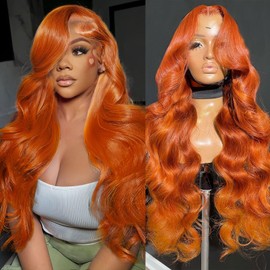 Ruaswey 28 Inch Orange Ginger Wig Human Hair 13x4 HD Lace Front Wigs Human Hair Pre Plucked Ginger 200 Density Body Wave Colored Frontal Wigs Orange Glueless Wig