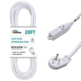HONDERSON 3-Outlets Flat Plug Indoor Extension Cord Outlet Extender, UL Listed, 16 Gauge 20FT White 3 Prong Heavy Duty, 16/3 SJTW 13A Power Strip