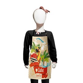 Lunarable Havana Apron, Cuban Culture and Attractions Concept Smiling Local Lady on Classic Car Among Palms, Small Apron Bib with Adjustable Ties for Baking Painting, Small Size, Green Red