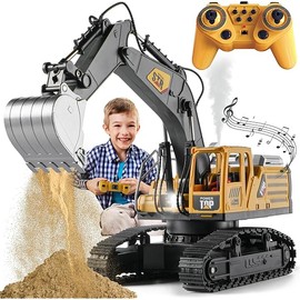 Remote Control Excavator Toys for Boys,14 Channel RC Digger Construction Toys Tractor,Simulated Smoke, Sound, Lighting, Metal Digging Head, for Boys 6 7 8 9 10 11 12