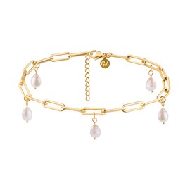 GD GOOD.designs Anklet with Pearls - Waterproof - Real Freshwater Pearl Anklet for Women I Stainless Steel Links in 18 Carat Gold or Silver I Size Adjustable, Stainless Steel, Cubic Zirconia