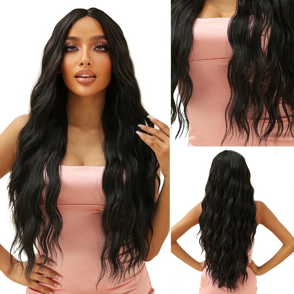 Kikone Black Deep Wave Wig, 5 x 2 HD Lace Front Wig, 28 Inches, Long, Glueless Body Wave Wig for Black Women, 180% Density, Realistic Human Hair, Curly Wigs for Women
